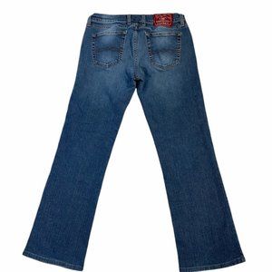 Lucky brand dungaree distressed mid rise flare regular length size 29/8